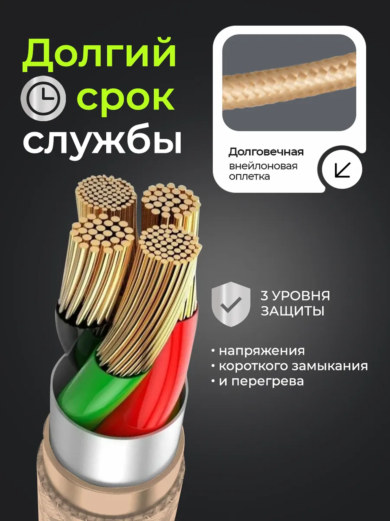 Кабель USB-Lightning для iPhone/iPad/AirPods, 1м, золото, износостойкий — фото 1
