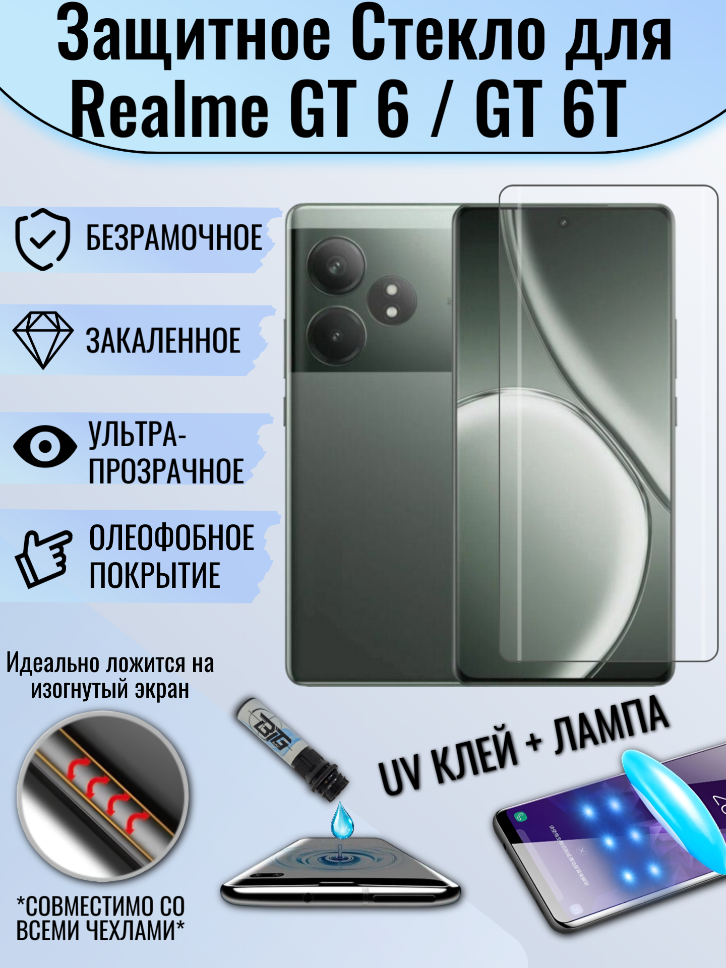 Защитное стекло для Realme GT 6 с UV УФ клеем и лампой