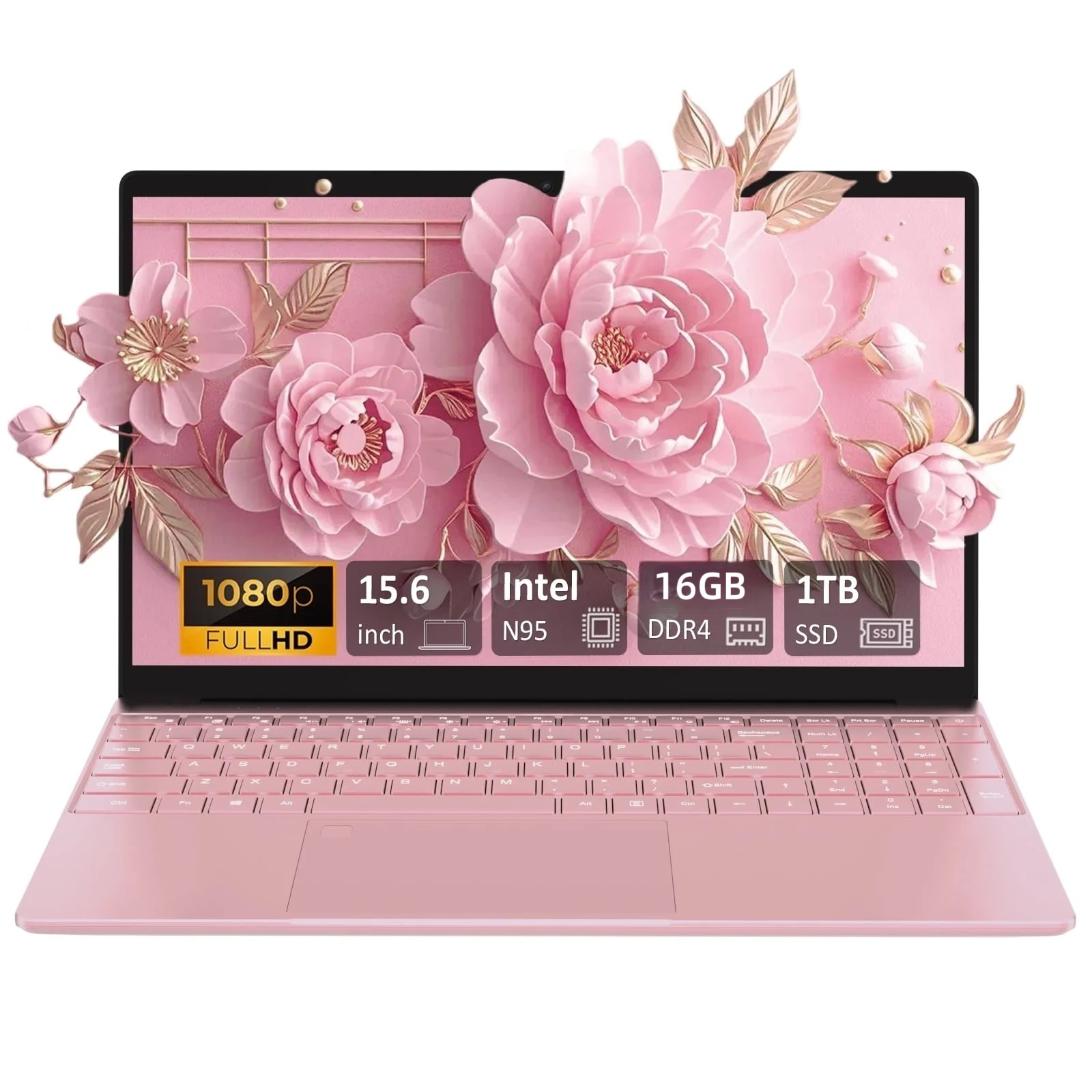 Ноутбук , 15.6", 16ГБ, SSD1024ГБ, Win11, процессор Intel N 95, подсветка клавиатуры , русская раскладка Розовый