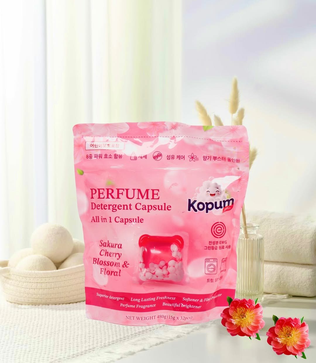 Капсулы для стирки Kopum Plus "Sakura" универсальный пионовый аромат, 32 шт