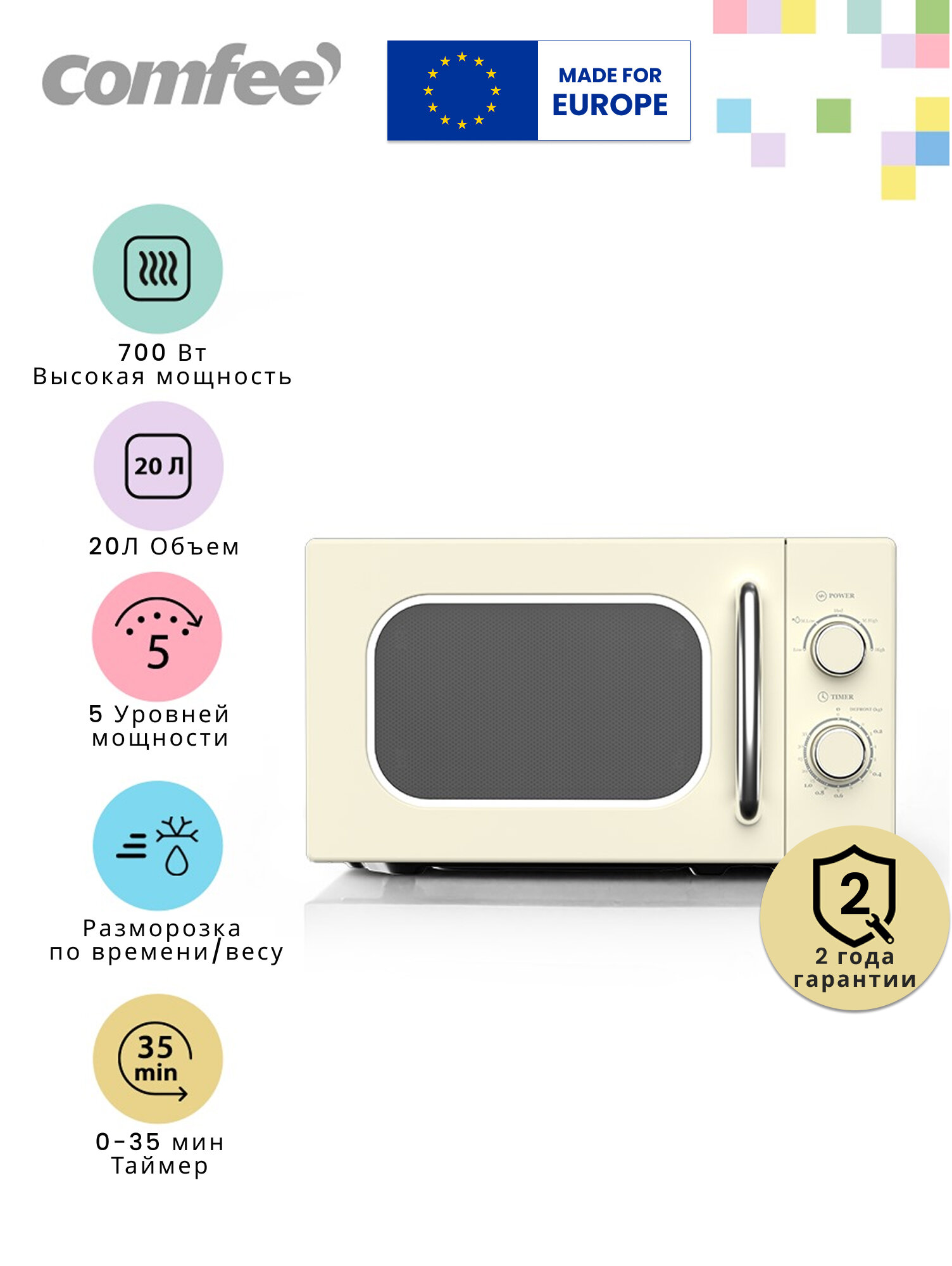 Микроволновая печь Comfee CMW207M2RA-W 700 Вт 5 уровней мощности 20Л таймер разморозка по времени/весу ретро белый