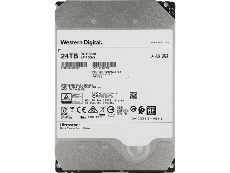 Жесткий диск Ultrastar DC Hс580 HDD 3.5" SATA 24TB, 7200 rpm, 512MB buffer, 512e/4Kn, 0F62796, 1 year