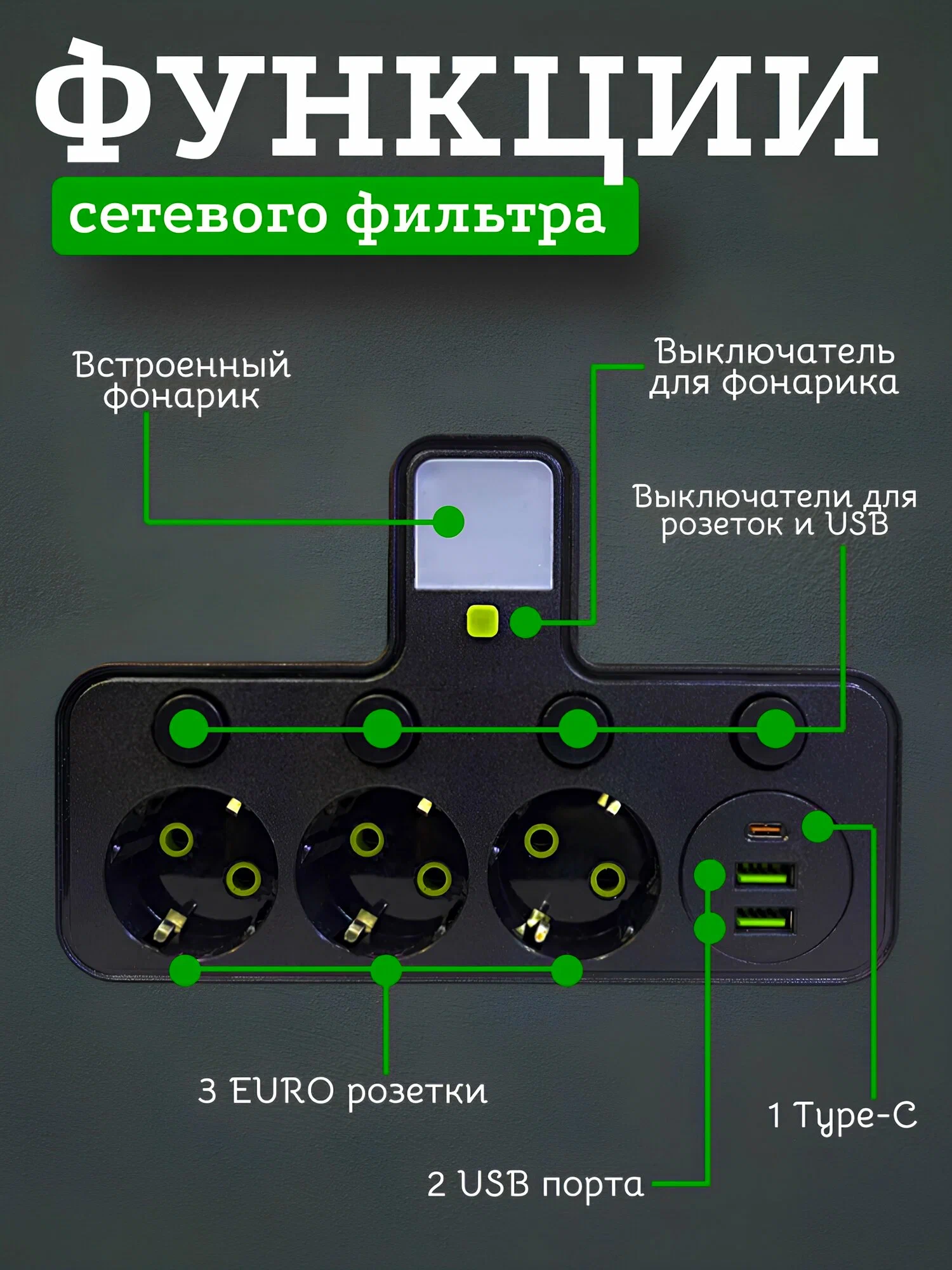 Сетевой разветвитель с функцией ночник, 2 USB и 1 Type-C порт, мощность 2500 ВТ, черный, 3 розетки — фото 1
