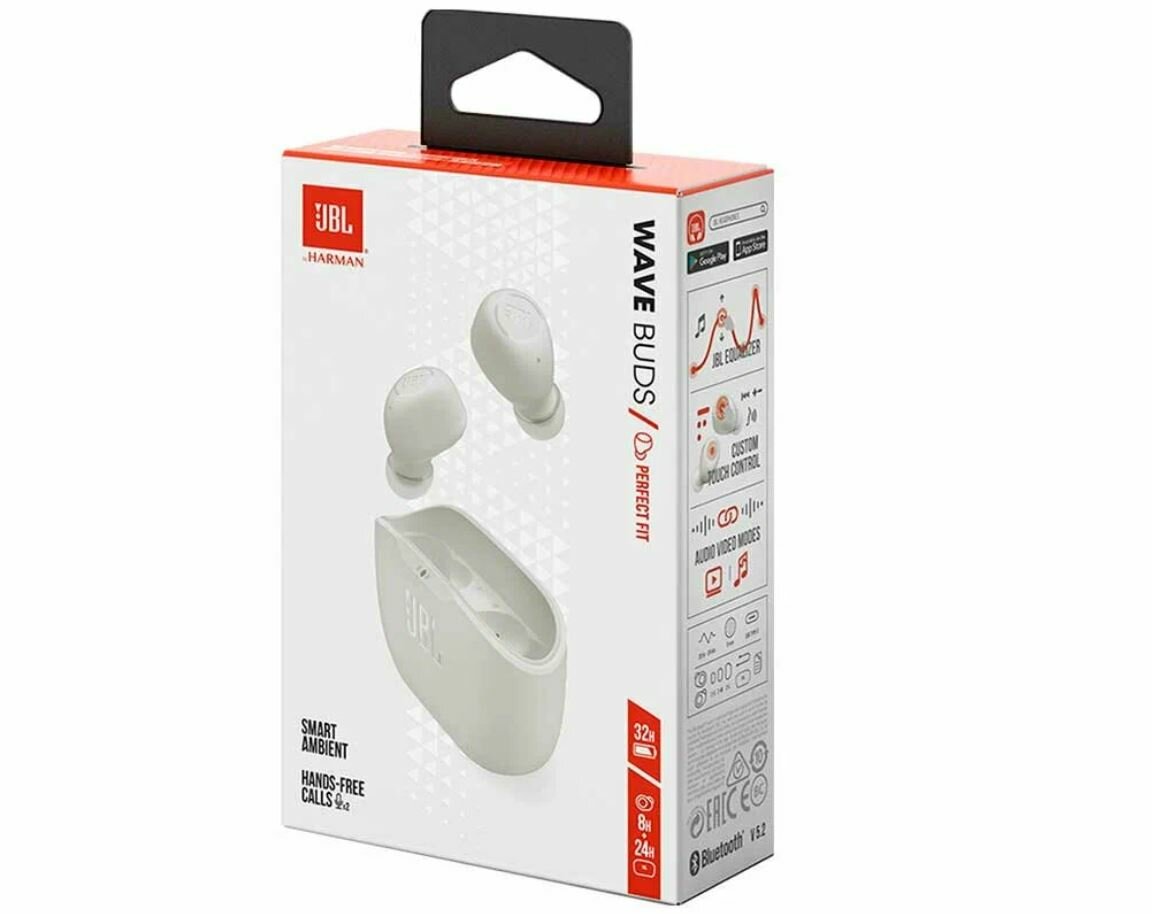Наушники JBL "Wave Buds", беспроводные, внутриканальные, белые