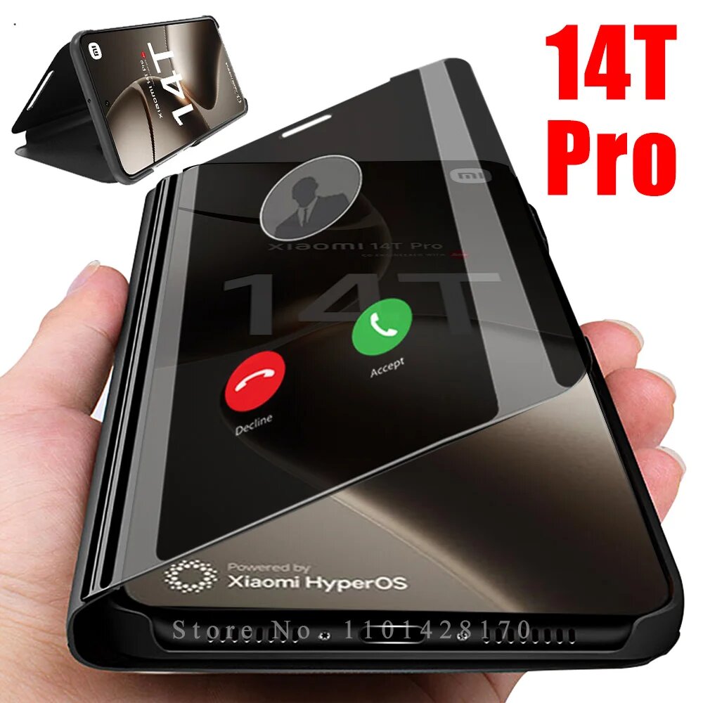 Картинки Для Xiaomi 14T Pro Чехол Smart Mirror из искусственной кожи с откидной крышкой Xiaomi14TPro Xiaomi14T Mi 14TPro 14 T 5G Магнитный чехол-подставка для книги, xiaomi 14Т про, Black 01
