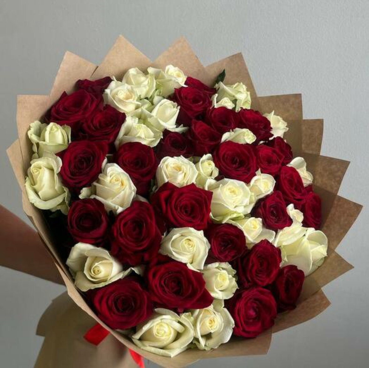 Живые цветы букет из роз белых и красных микс 51 шт 50 см сорт Аваланж и Ред Наоми упаковка Крафт