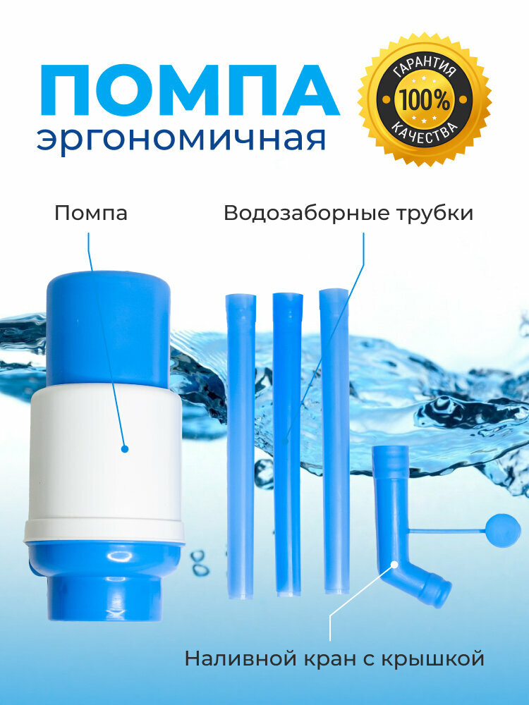 Помпа для воды, для бутылей 5,10,19л, на бутылку, белая/голубая — фото 1