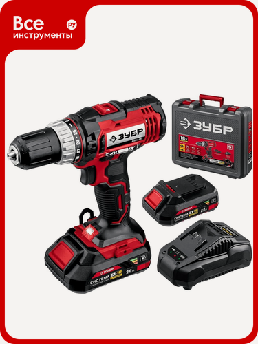 Изображение товара Дрель-шуруповерт ЗУБР 18 В, 2 АКБ, 2 Ач, в кейсе ДШЛ-185-22, для сверления отверстий различных материалах
