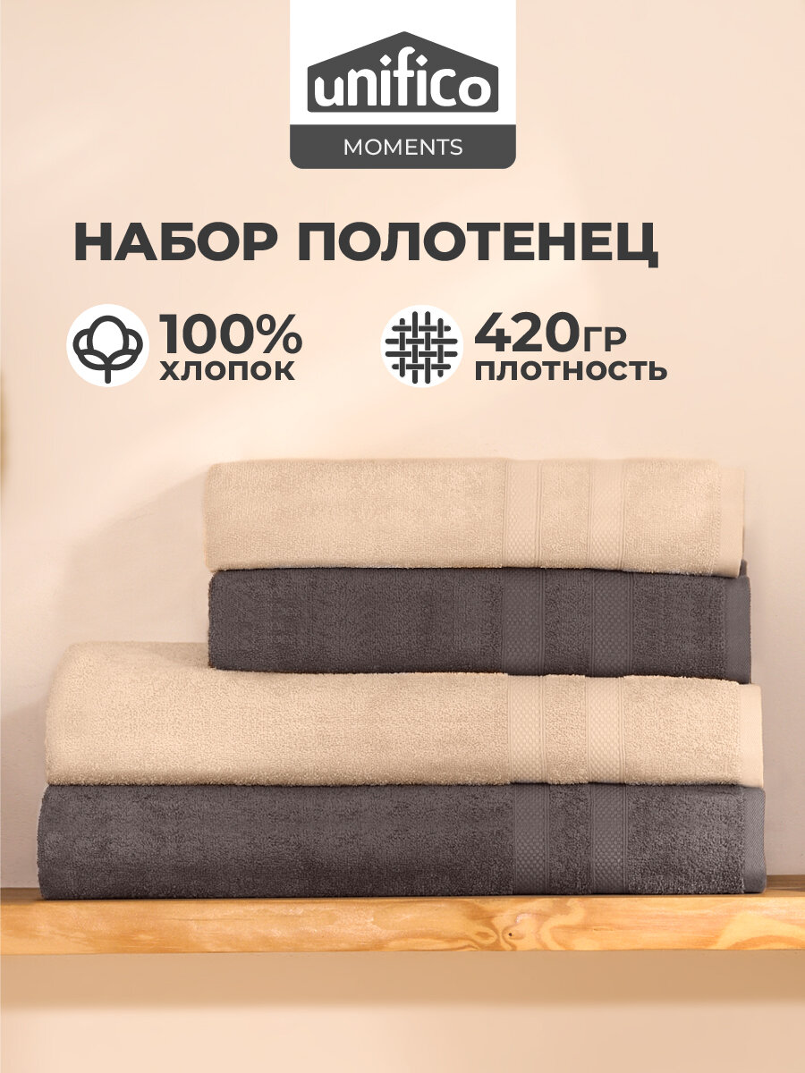 Полотенца махровые Unifico Moments, набор из 4шт: 50х80- 2, 70х130-2 "Серый лунный свет", 420гр