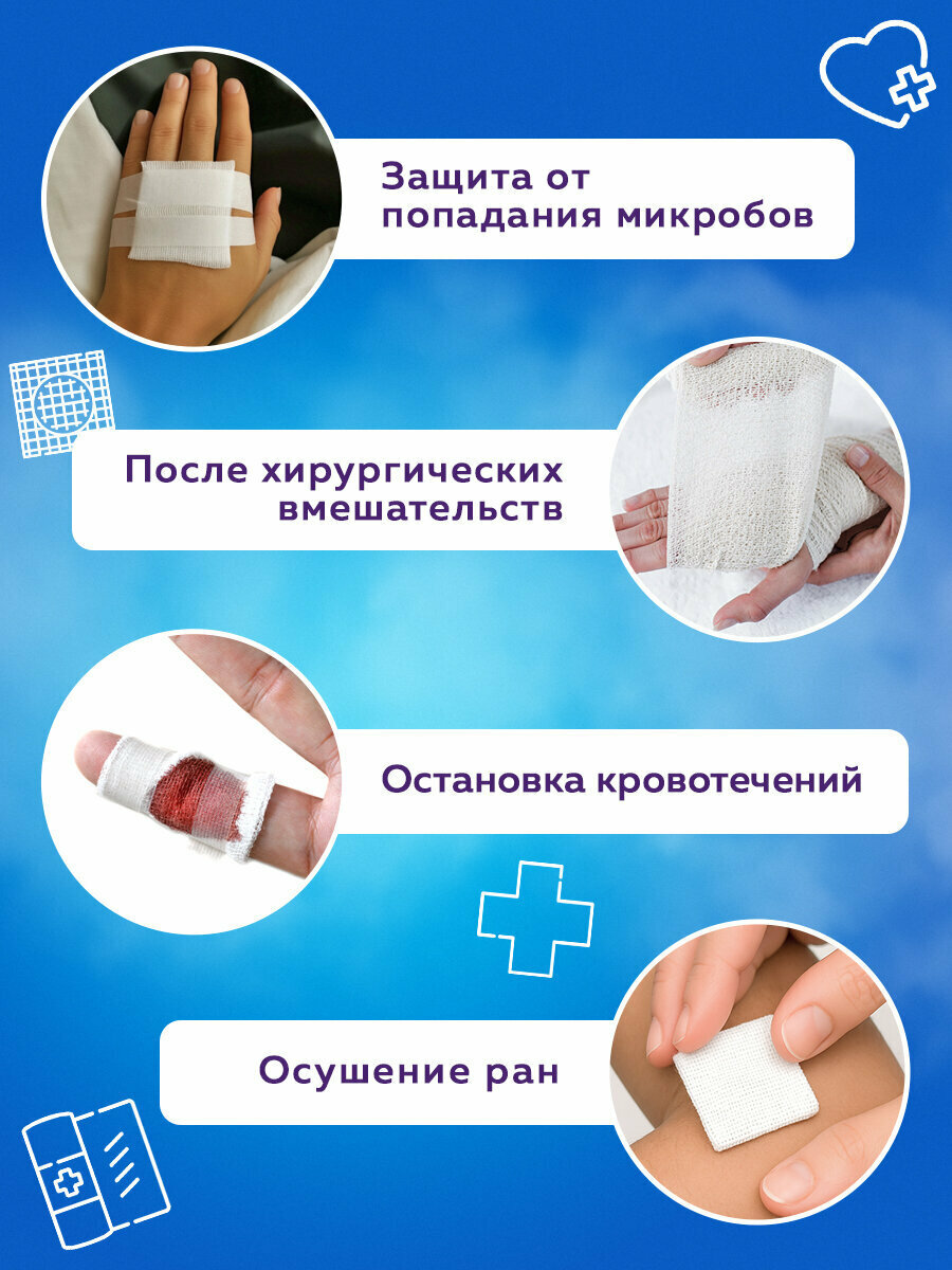 Изображение Салфетки марлевые медицинские стерильные в индивидуальной упаковке Nf Комплект 10 шт, 8 слоев, 10х10 см, плотность 32 (±2) г/м2 630603
