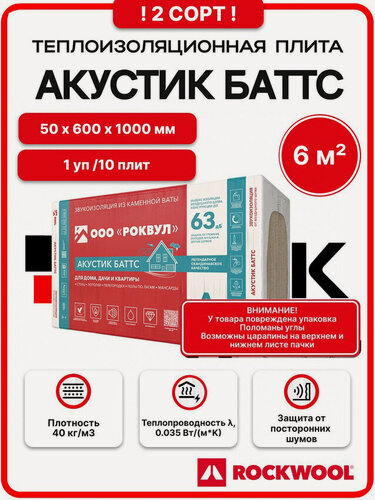 Изображение товара Rockwool Акустик Баттс 50 мм 2 сорт (1 уп. / 6 м2 / 10 плит) минеральная вата, звукоизоляция