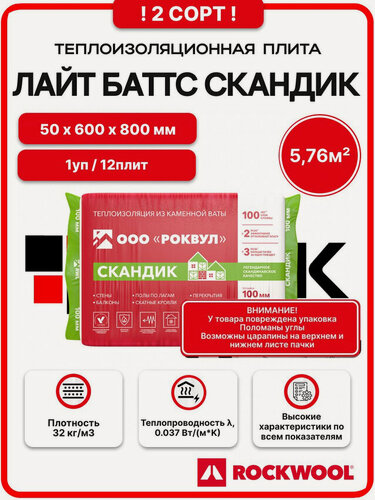 Изображение товара Rockwool Лайт Баттс Скандик 50 мм 2 сорт ( 1 уп. / 5,76 м2/ 12 плит) минеральная вата для стен, пола, потолка