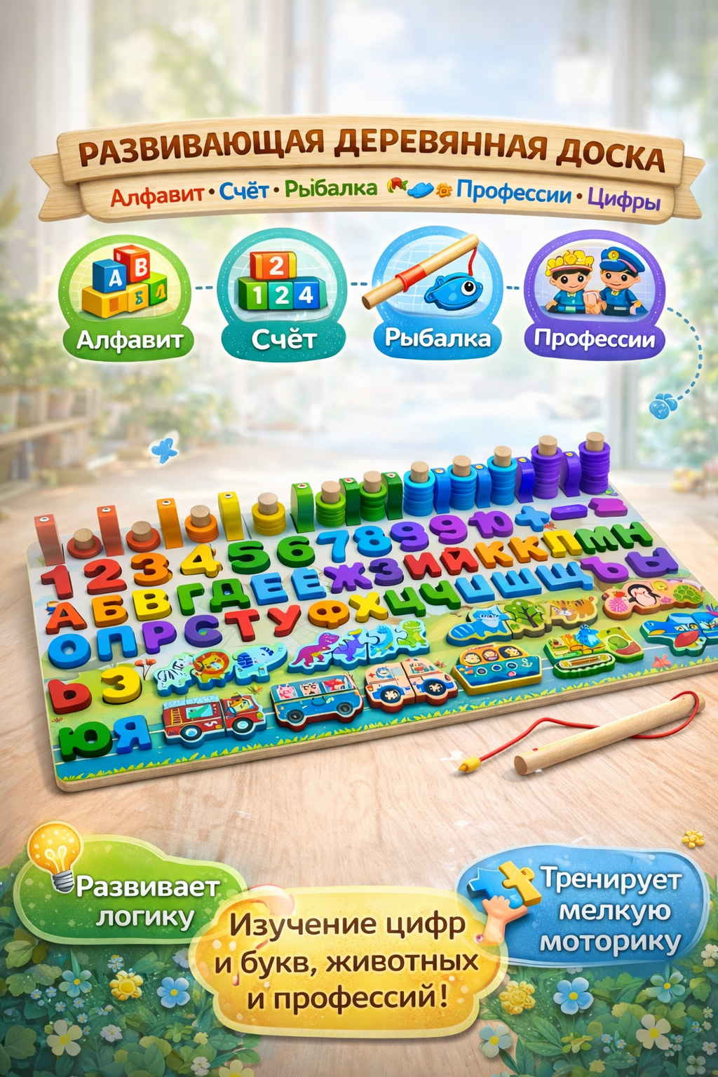 Развивающая деревянная игрушка 6 в 1, Алфавит • Счёт • Рыбалка • Животные • Профессии • Цифры