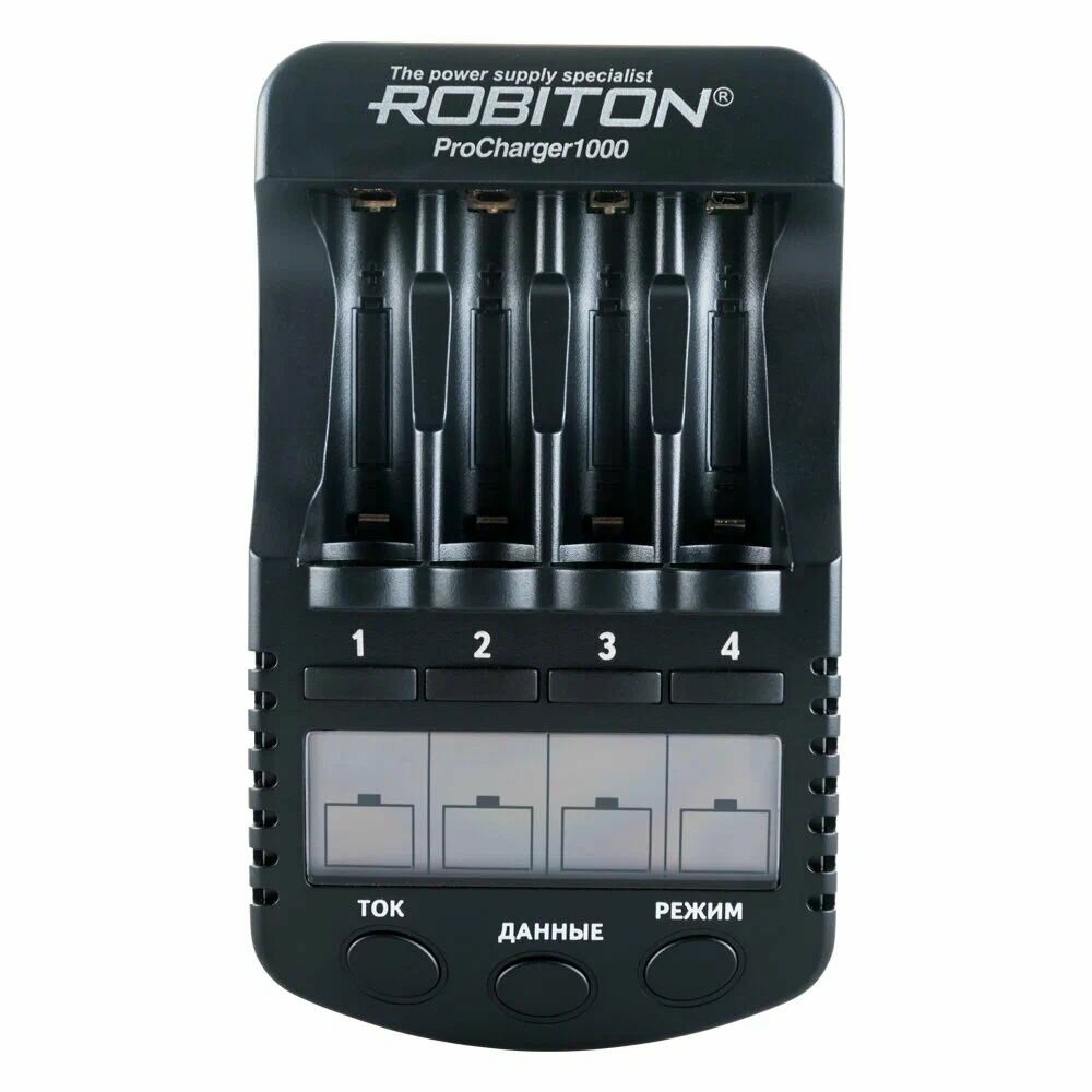 Зарядное устройство ROBITON ProCharger1000 для 1-4 аккумулятора AAA, AA (пальчиковые и мизинчиковые) Ni-Cd/Ni-MH, 1000mA, USB, ЖК дисплей, 220/12В