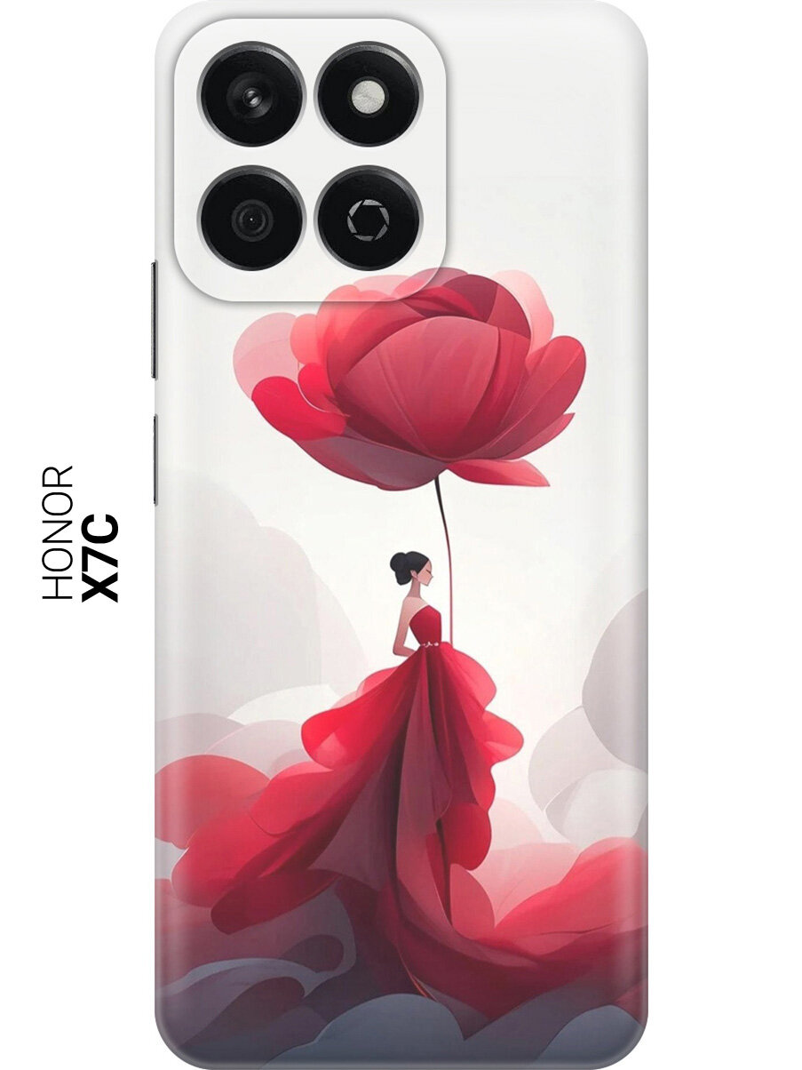 Силиконовый чехол на Honor X7C с принтом "Цветочная девушка в красном"