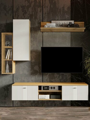 Изображение товара Гостиная комплект Ларенс, тумба под телевизор, шкаф, стеллаж, полка, Дуб золотой / Белый матовый