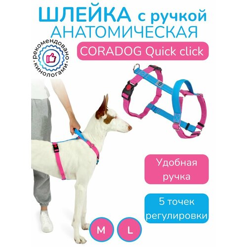 Шлейка с ручкой прогулочная анатомическая для средних и крупных пород собак, CORADOG Quick click, размер M, цвет голубой, ярко розовый