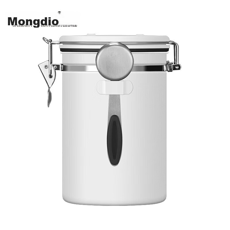 Mongdio Coffee Bean Airtight Container 304 Stainless Steel Coffee Grounds Storage Jar One-Way Air Release Coffee Can with Spoon White
