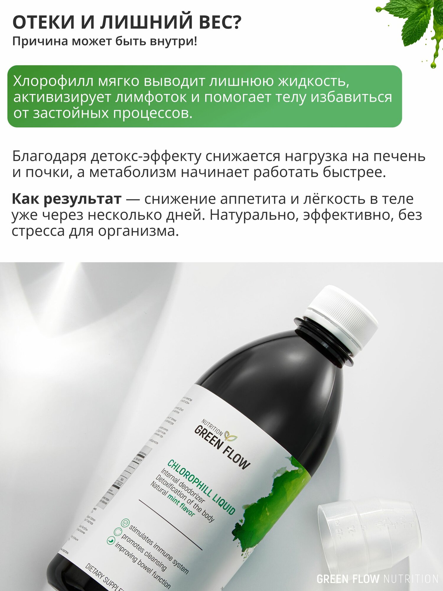 Картинки Хлорофилл жидкий пищевой питьевой с мятой, 450мл, GREEN FLOW
