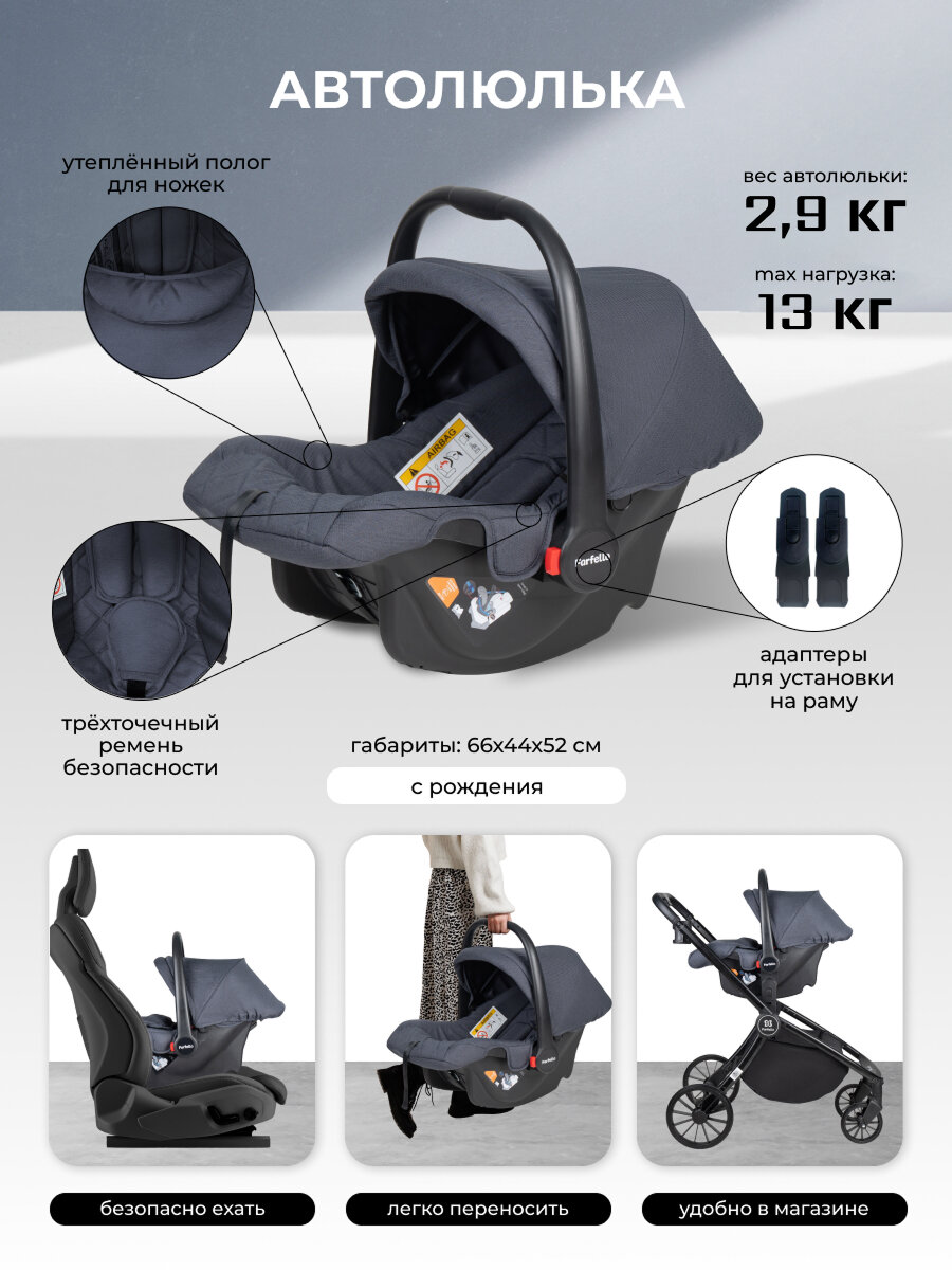 Коляска 3 в 1 для новорожденных Farfello Baby Shell, Темно-серый — фото 1