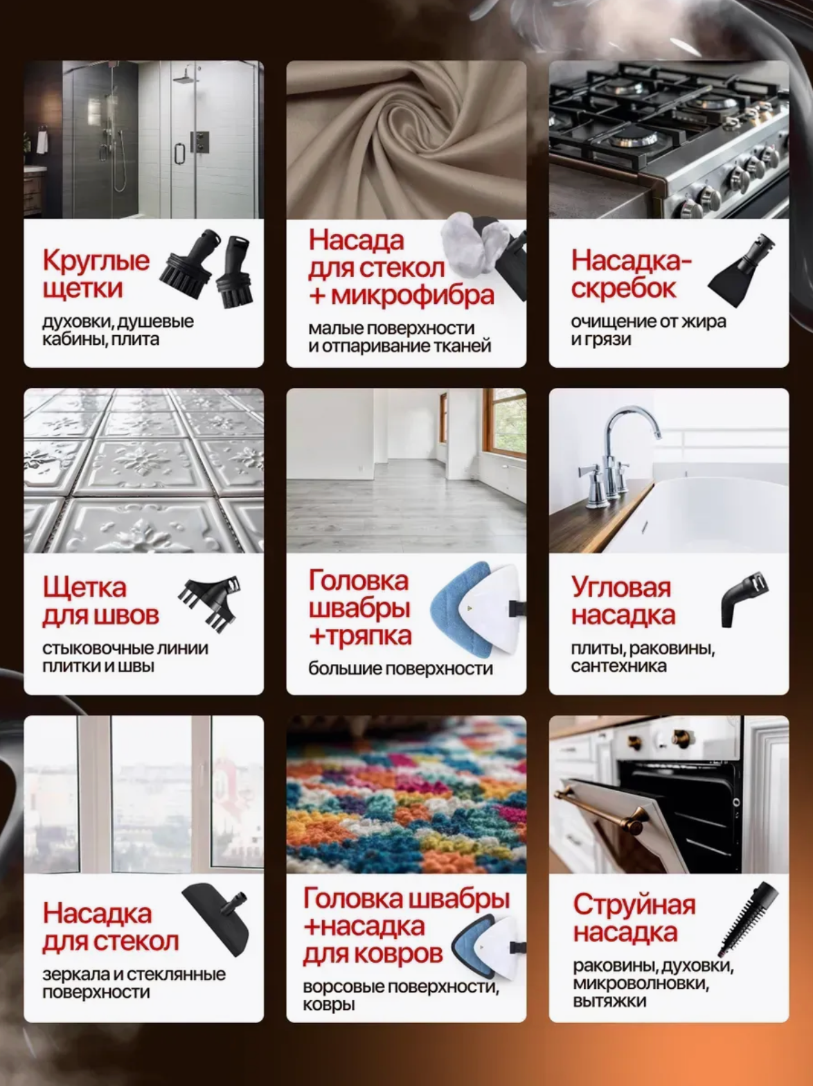 Паровая швабра, пароочиститель с 7-ю насадками в комплекте, парогенератор для дома белый — фото 1
