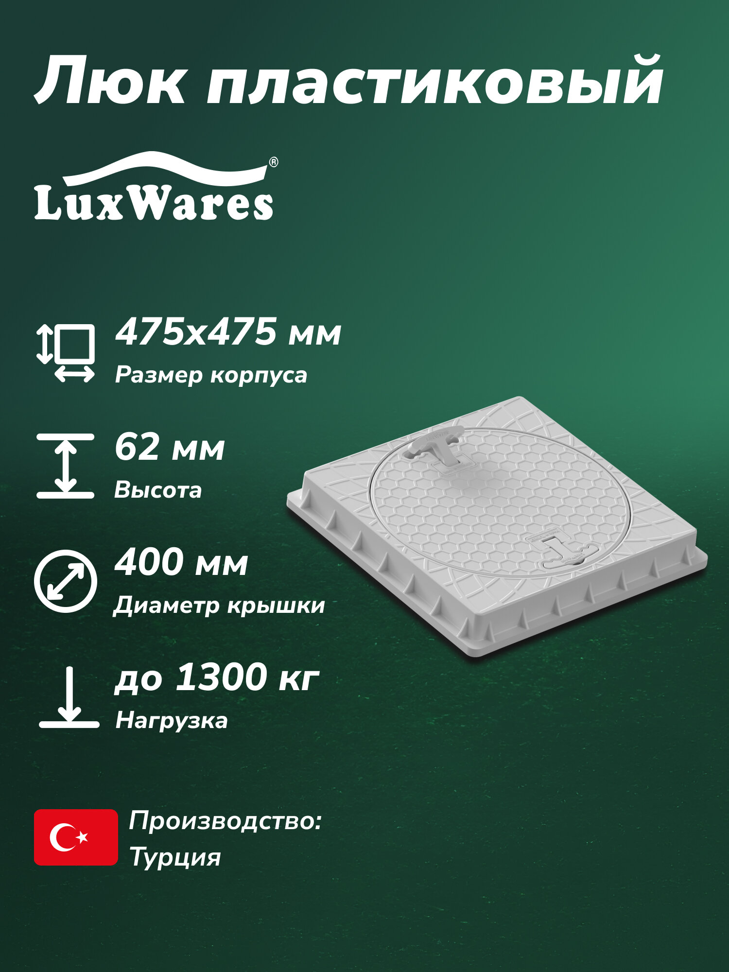 Люк круглый в квадратном корпусе пластиковый LuxWares 400мм (YK-1002)