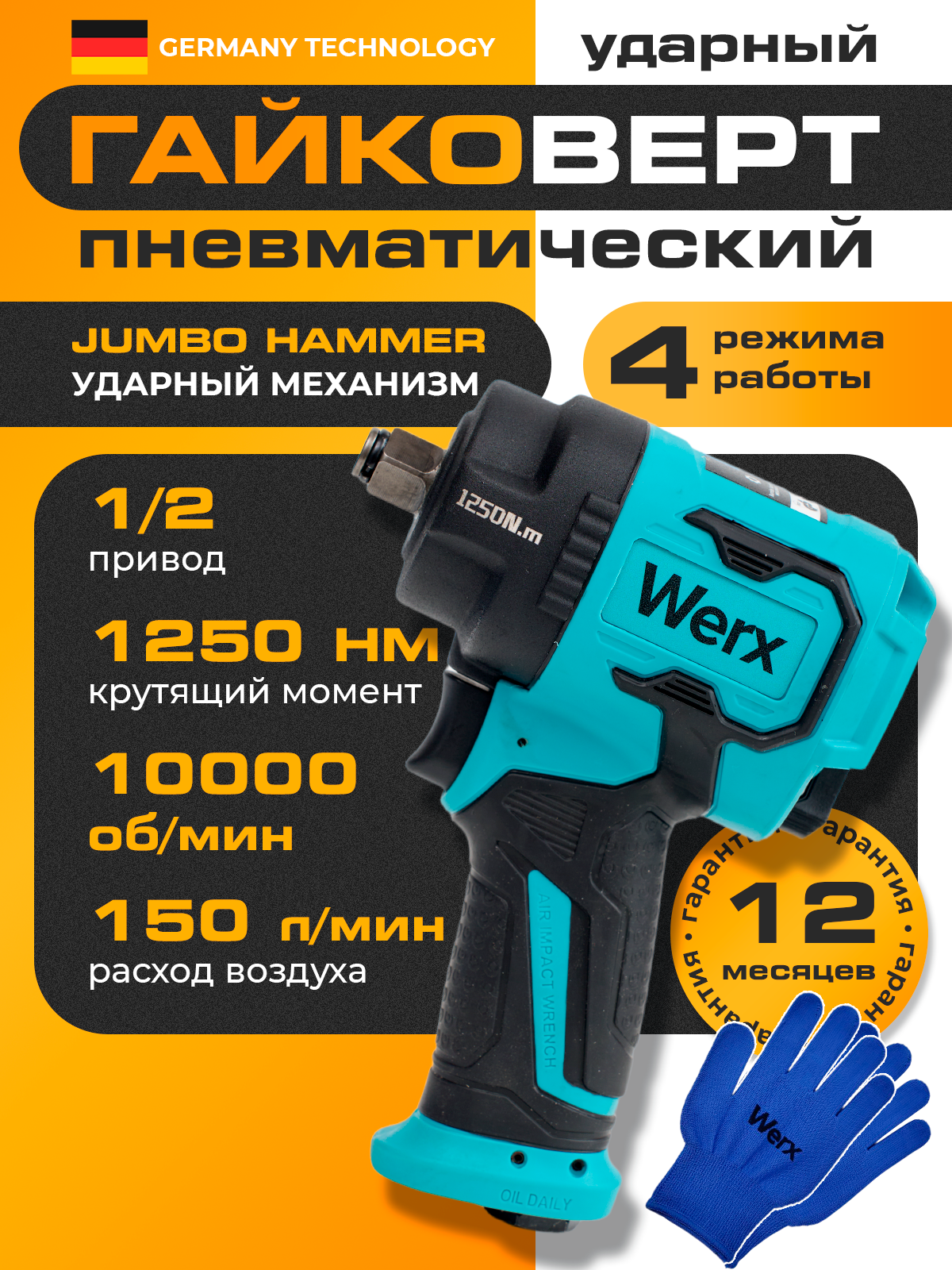 Гайковерт пневматический 1250 HM, ударный, регулировка момента, реверс