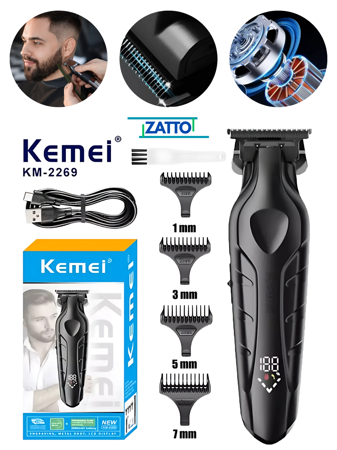 Машинка для стрижки Kemei КМ-2269, беспроводная, питание от USB