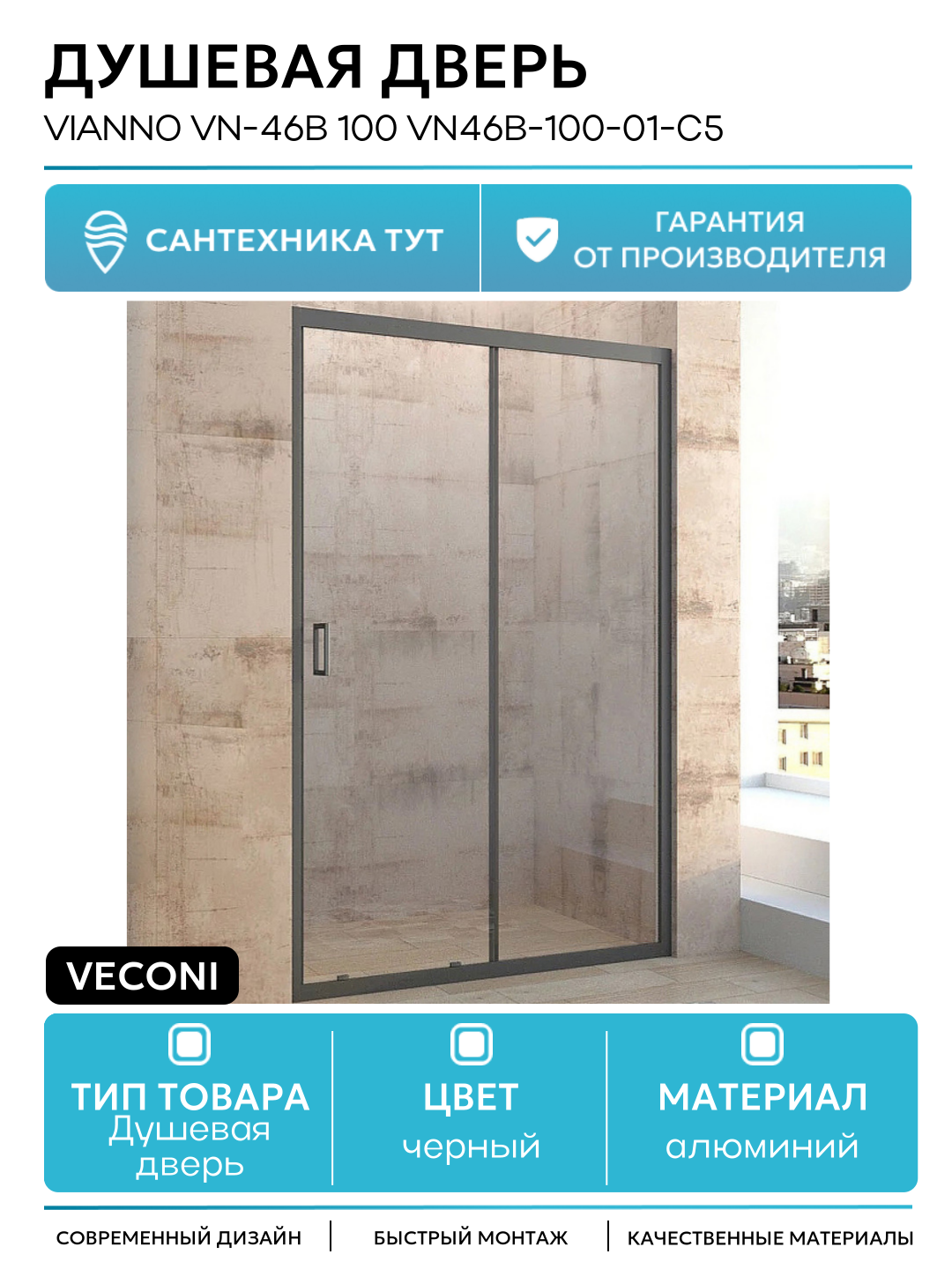 Душевая дверь Veconi Vianno VN-46B 100 VN46B-100-01-C5 профиль Черный матовый стекло прозрачное алюминий черный Италия