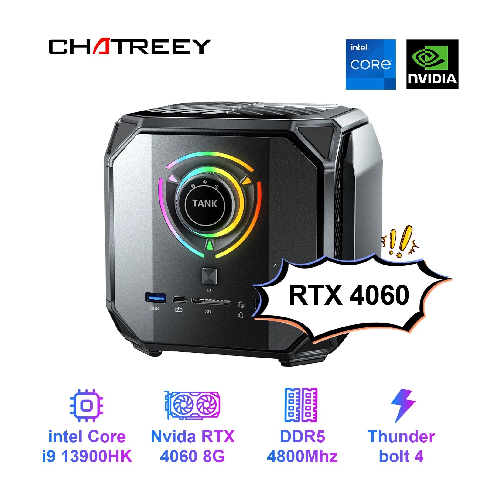 Chatreey TANK Мини-ПК Intel Core i9 Nvidia GeForce RTX 4060 32G RAM 1TB SSD