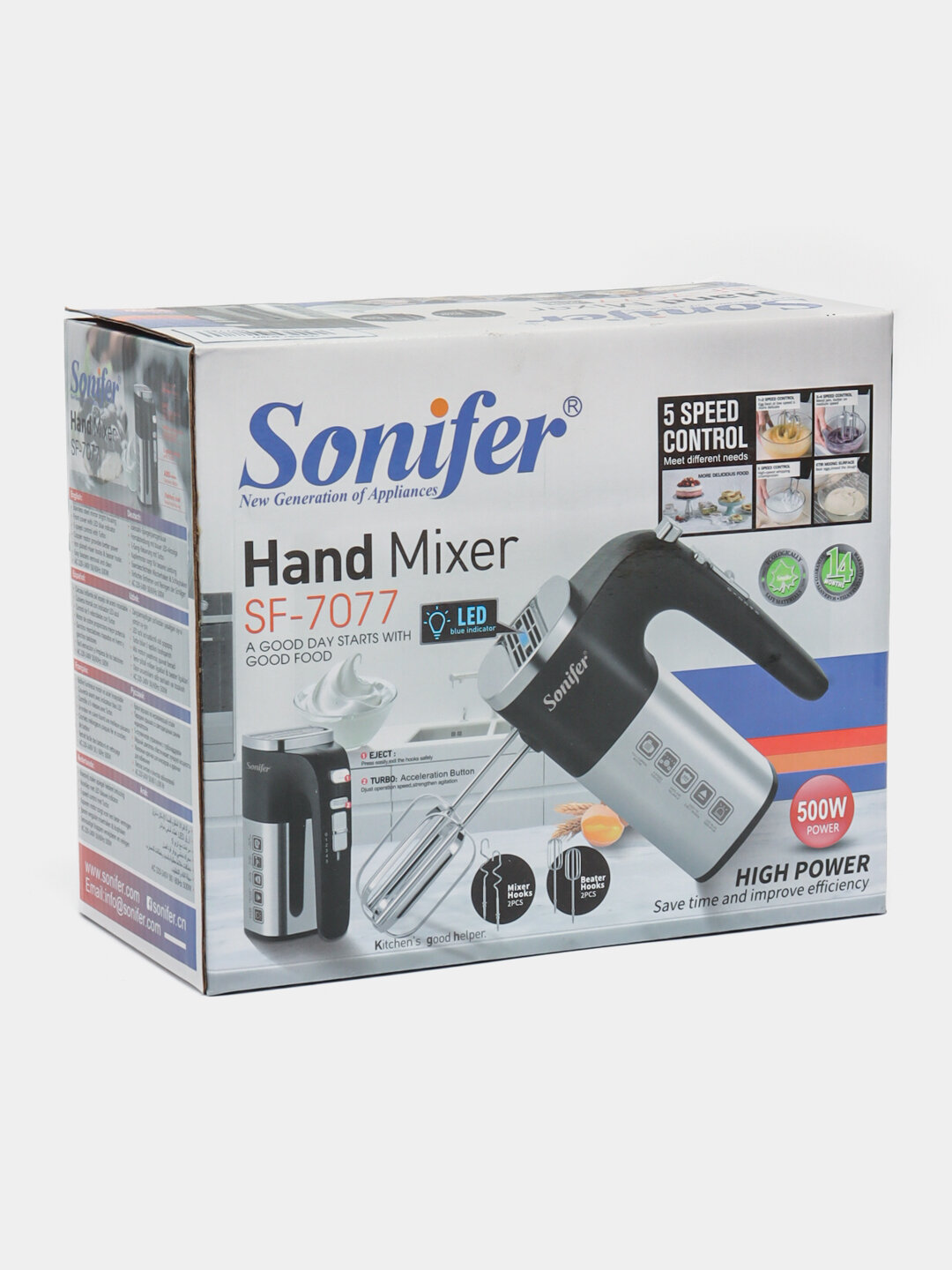 Миксер Sonifer SF-7077, 5 скоростных режимов, с венчиком и крюком