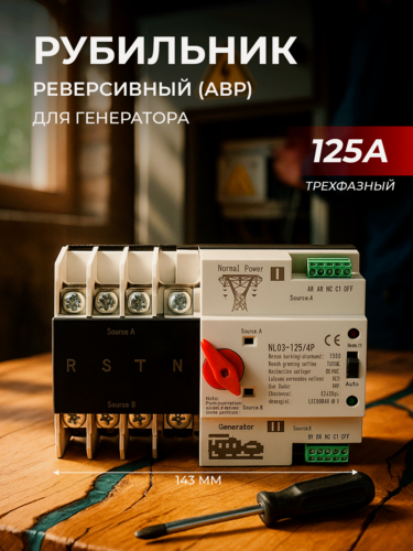 Изображение товара АВР для генератора 125А трехфазный рубильник реверсивный с мотором привода