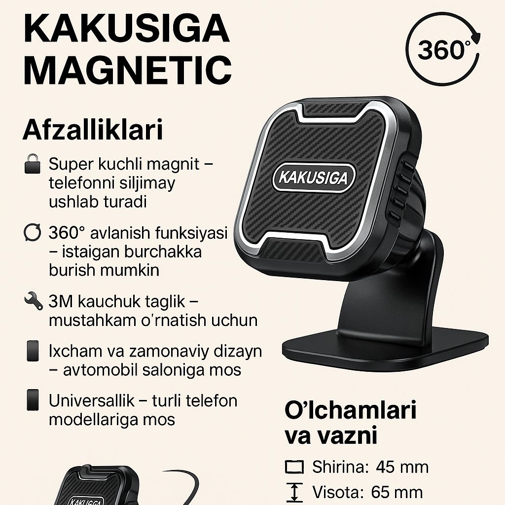 Автомобильный держатель для телефона Kakusiga Magnetic, Суперсильный магнит Вращение на 360° - Резиновое основание 3M