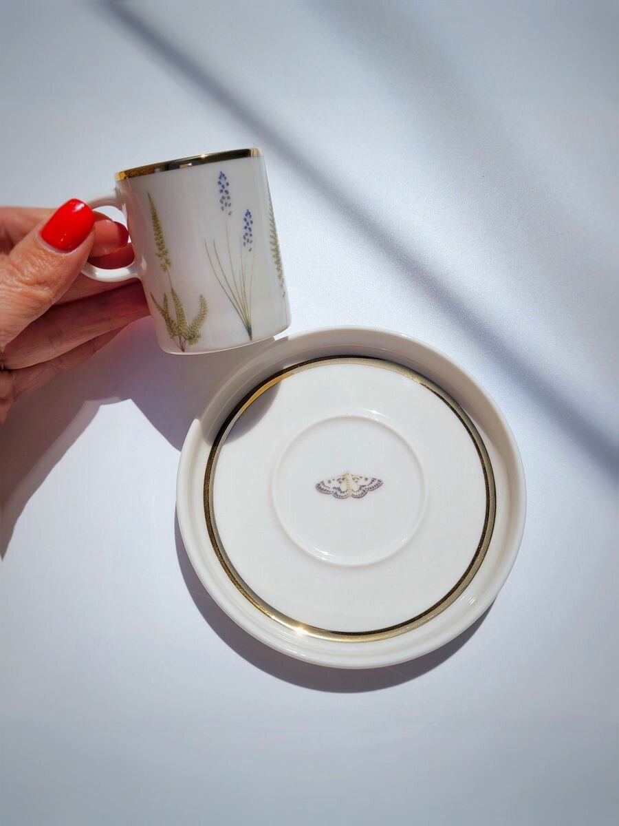 Кофейная пара эспрессо с блюдцем  маленькая с рисунком  цветы  Porland  BOTANICAL  1 шт  80 мл  Профессиональный фарфор  Для чая  кофе 