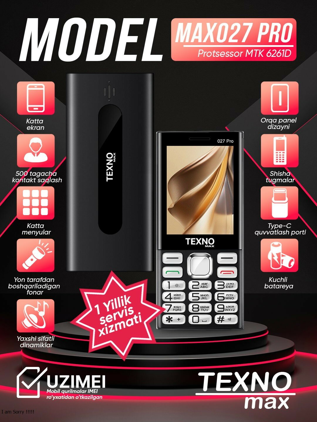 Texno Max 027 Pro кнопочный телефон, два сим, FM радио, черный