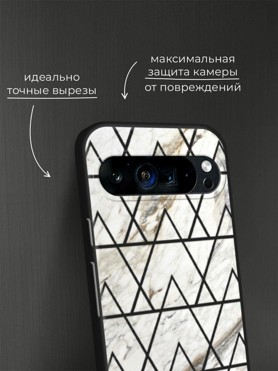 Черный матовый чехол на Google Pixel 9 Pro XL / Гугл Пиксель 9 Про XL с принтом "Белый мрамор с узорами треугольниками" — фото 1