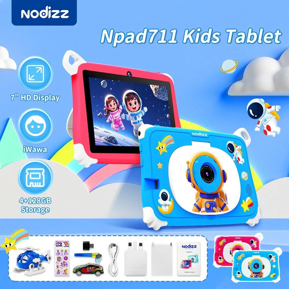 NODIZZ Bolalar Plansheti 7" 128 GB, nPad16/702/710/711, qulay va bardoshli