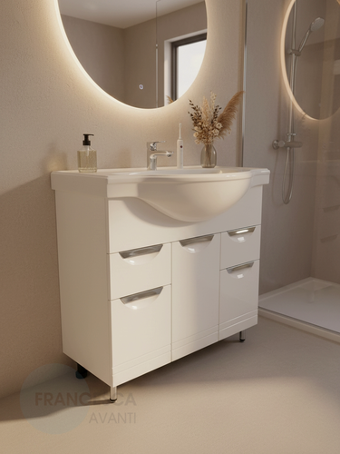 Изображение товара Тумба с раковиной для ванной Доминго 90 белый, с подсветкой (2ящ+3дв. ум. Classic 90)