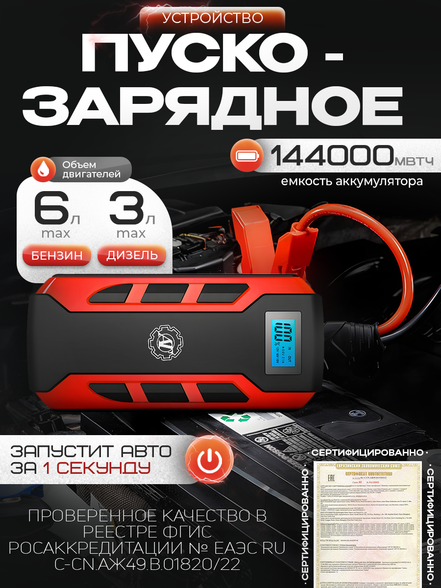 Портативное пуско-зарядное устройство для автомобиля с аккумулятором 12000 mAh