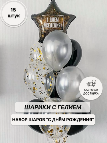 Изображение товара Шары с гелием 15 штук. Воздушные шарики набор из гелиевых шаров "С днём рождения"