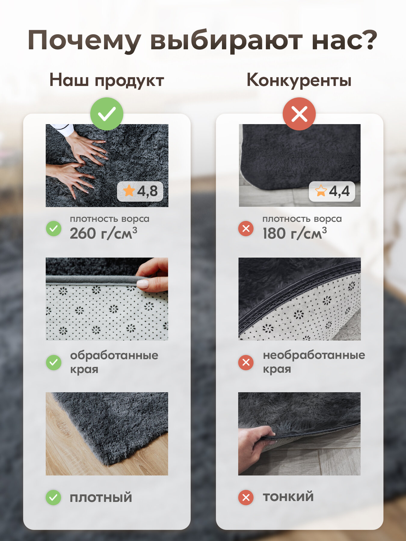 Ковер с длинным ворсом меховой 200x300 серый комнатный, прикроватный, пушистый в комнату, спальню, гостиную, прихожую — фото 1