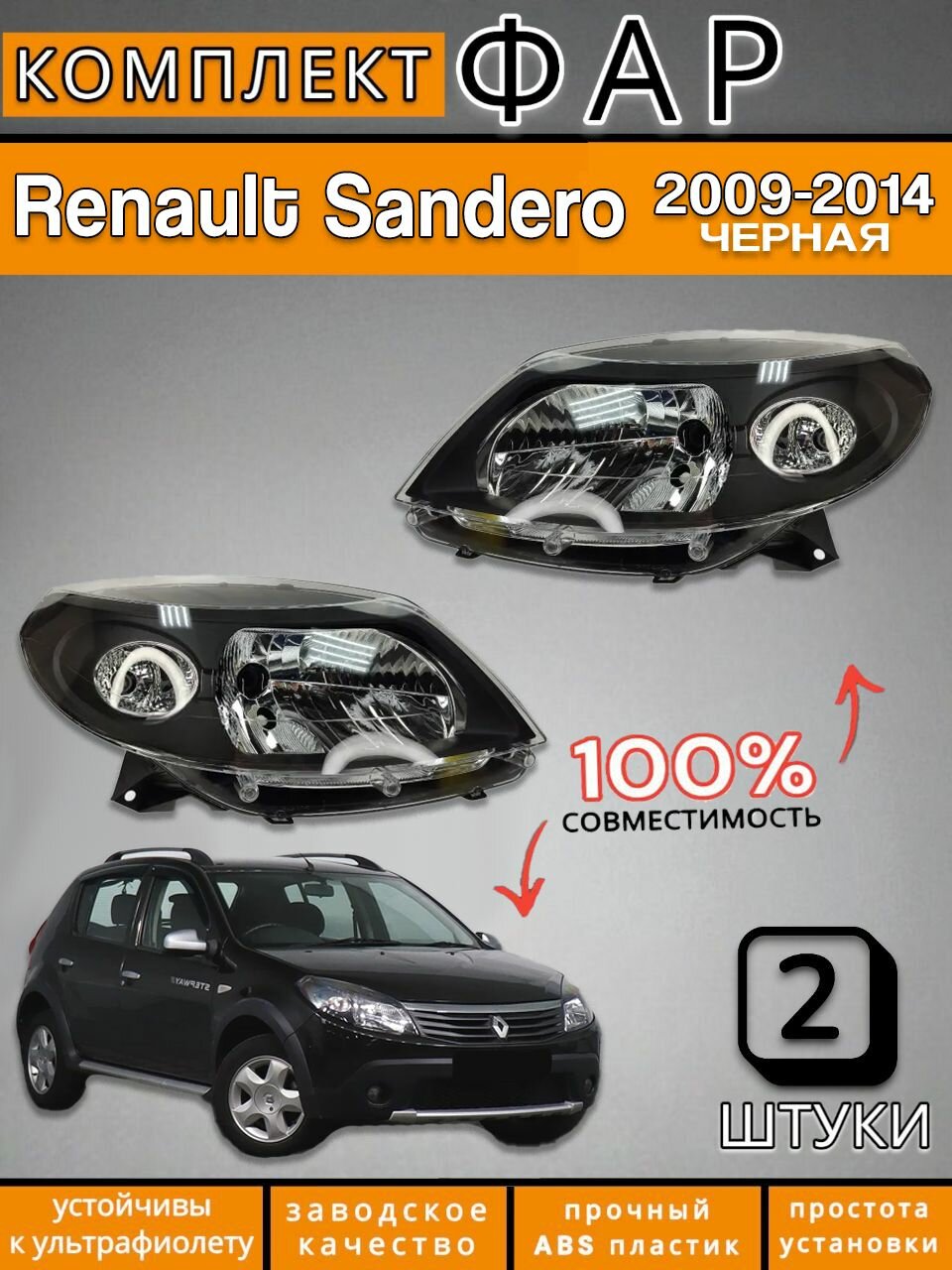 Комплект Фара Рено Сандеро Черные Renault Sandero 2009-2014 Левая+Правая
