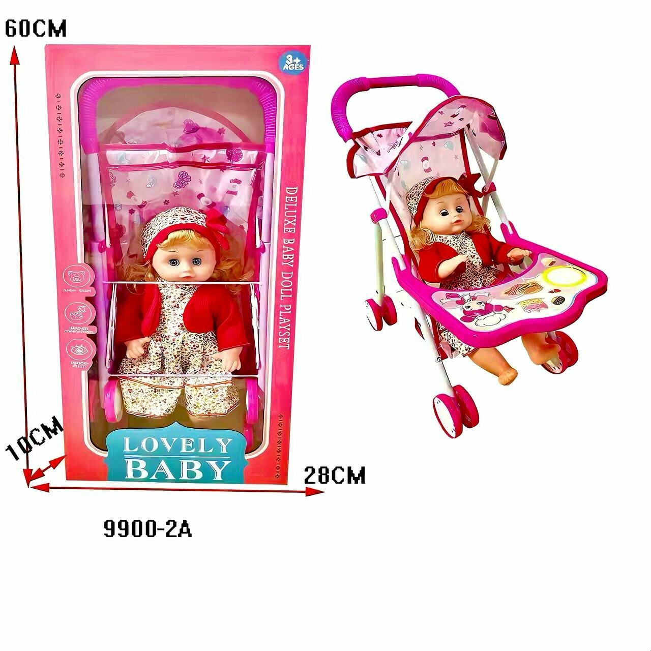 Прогулочная коляска Полесье "Lovely baby", для кукол, складная, 16x6х7см, розовая