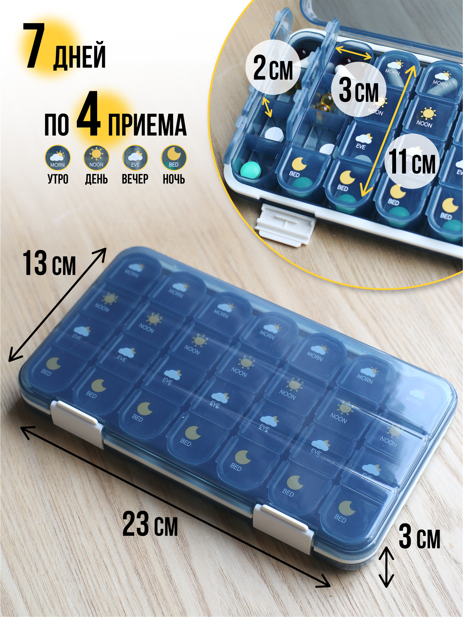 Изображение Таблетница, органайзер для таблеток на 4 приема неделю / месяц (28 отделений)