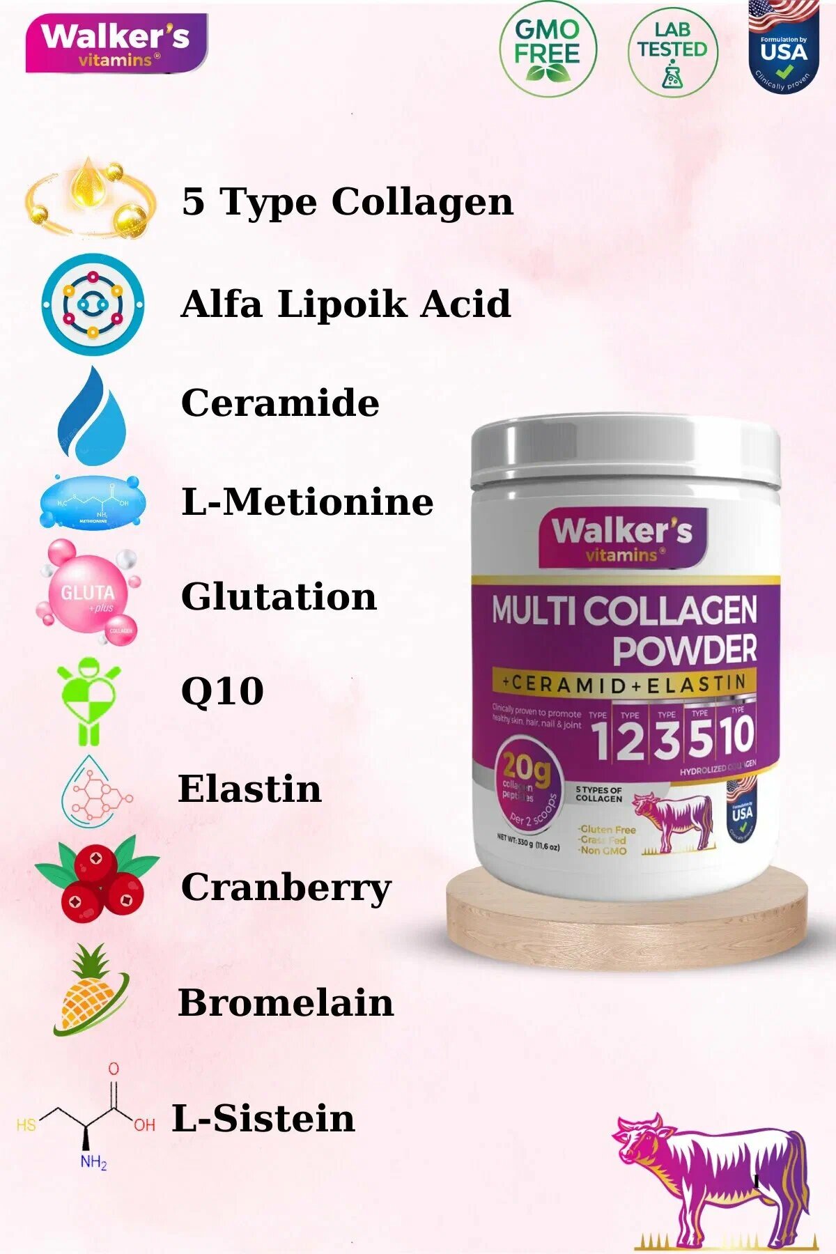 Walker Walker - это 100% чистый и натуральный , эластин, клюква, содержащий двойной гидролизованный коллаген - коллаген