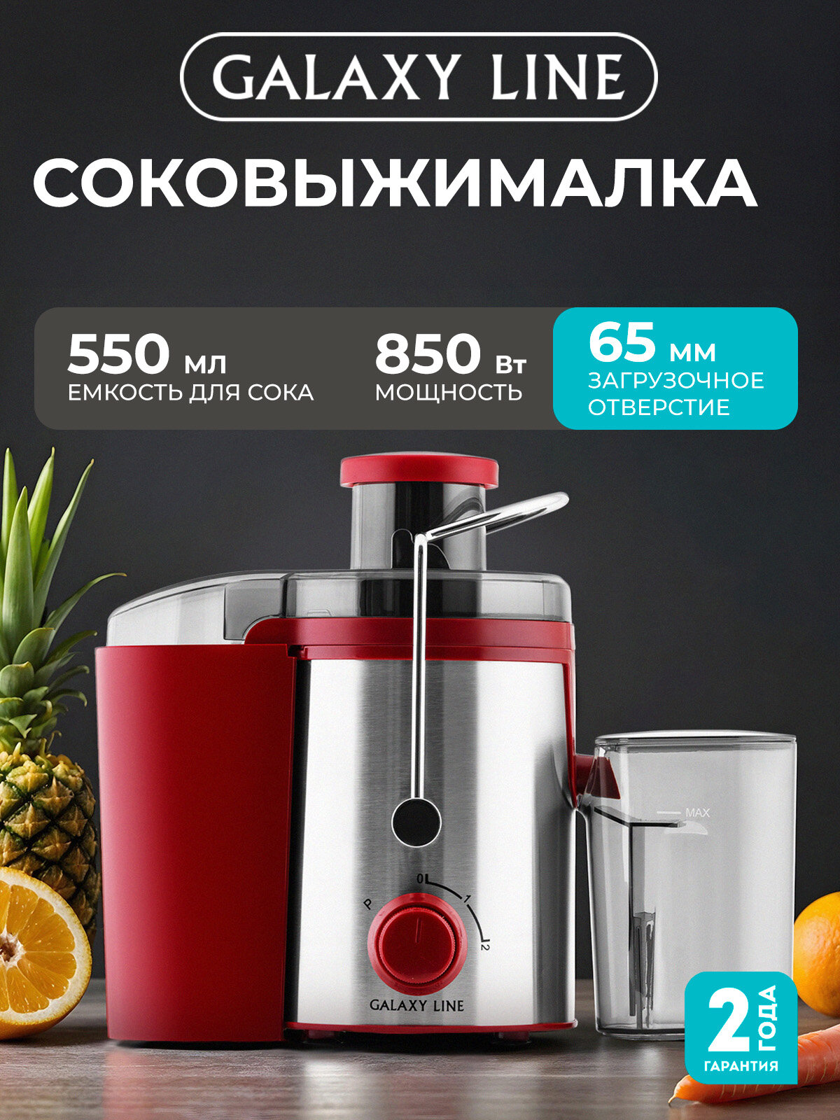 Соковыжималка GALAXY LINE GL0816, центробежная, 850 Вт, фильтр из нержавеющей стали