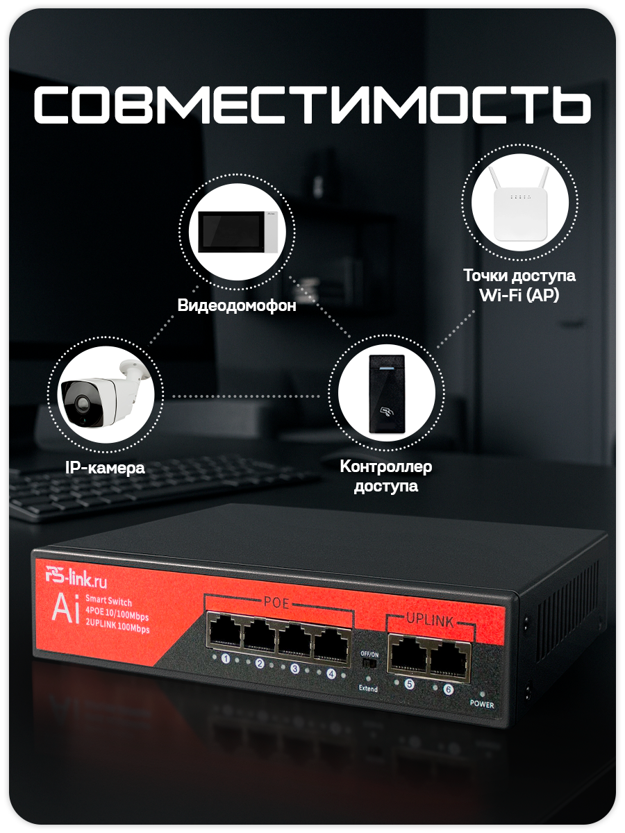 Коммутатор сетевой PS-link VD-206P на 4 POE и 2 UPLINK порта — фото 1