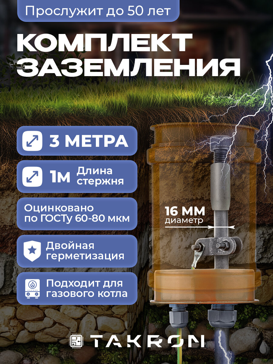 Заземление комплект для дома 3 метра оцинкованная сталь 16мм TAKRON / стержни длиной 1 метр
