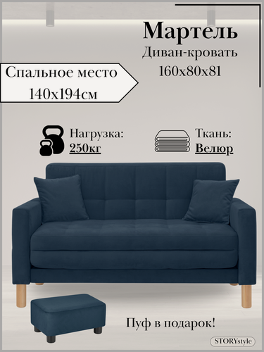 Изображение товара Диван-кровать мартель, прямой, 160*80*81, спальное 140*194, велюр синий, Велутто 26