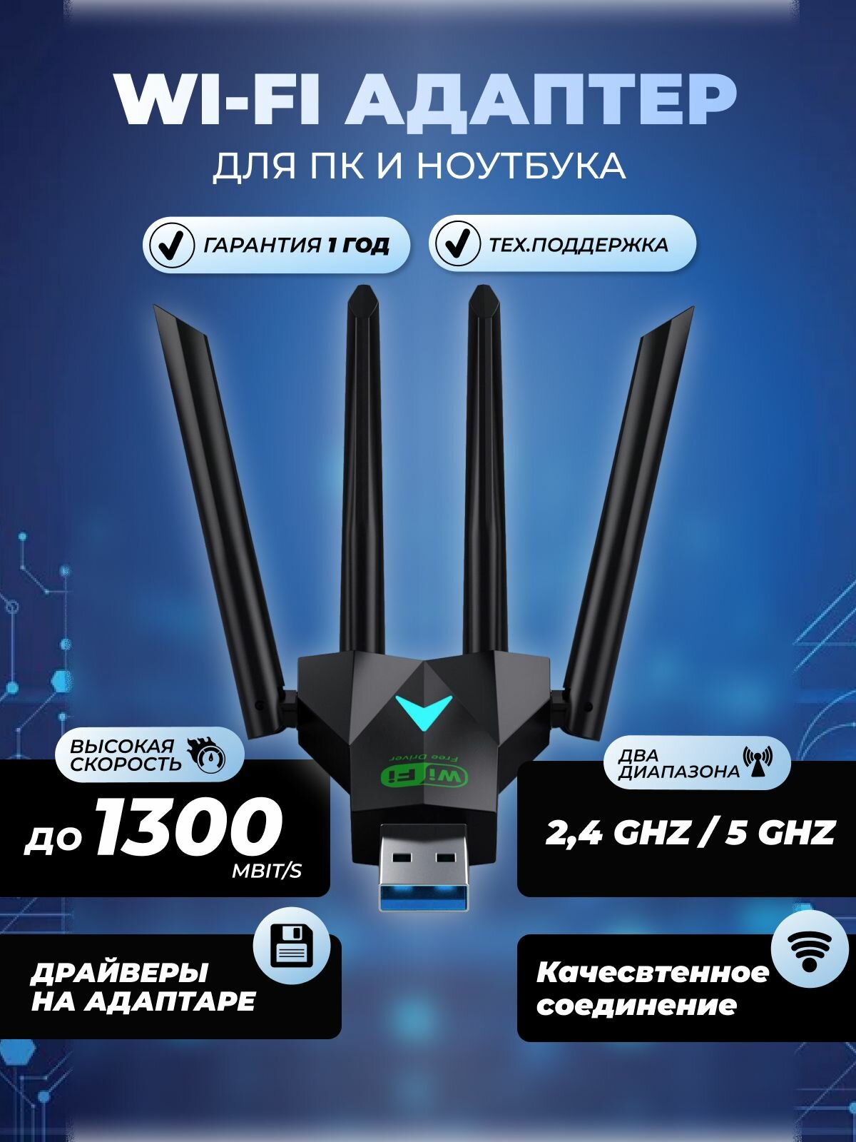 Двухдиапазонный сетевой Wi-Fi адаптер беспроводной приемник на 2,4 и 5 ГГЦ USB подключением для компьютера и ноутбука